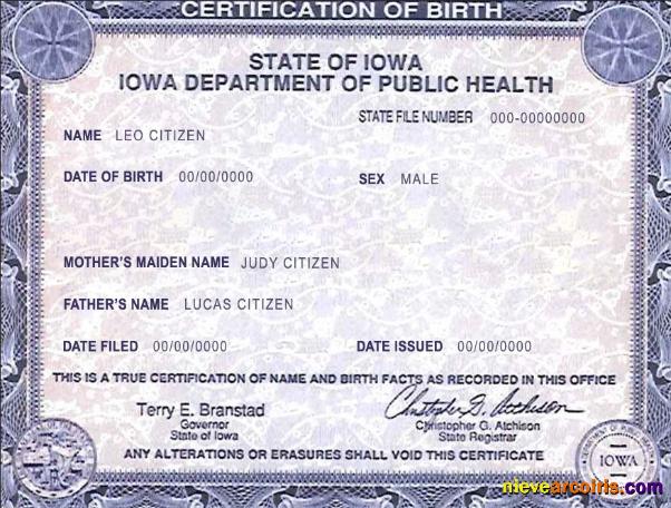 USA Iowa state birth certificate